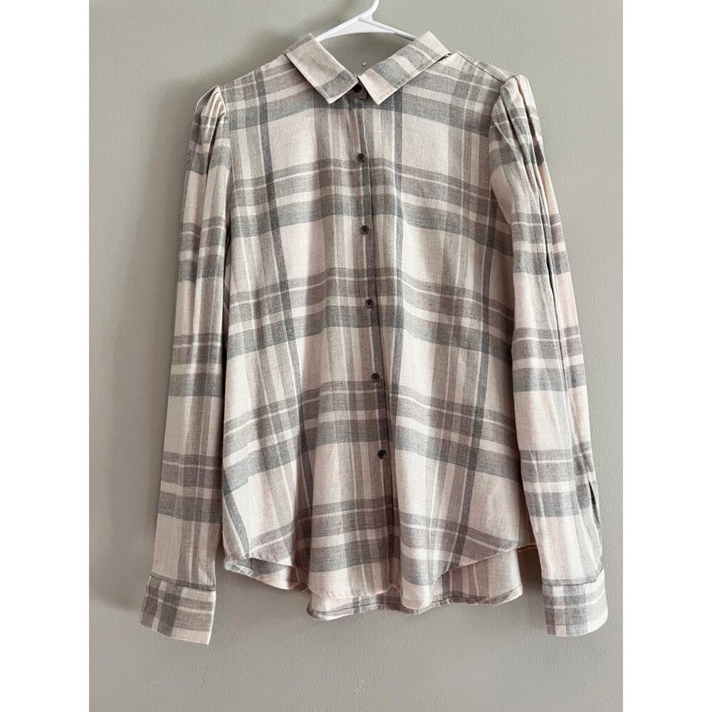 NWT Splendid Stitch Fix Grey Flannel Plaid Shirt Puff Sleeve Button Down Small